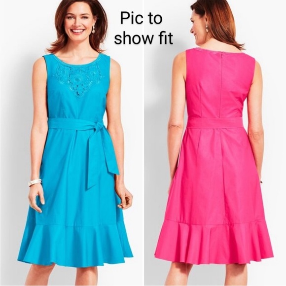 TALBOTS White Embroidered Sateen Fit & Flare Tie Belted Midi Dress Sz 12 - Picture 3 of 14